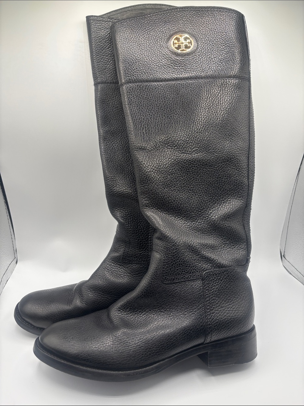 Tory Burch Black Pebbled Leather Tall Logo Boots